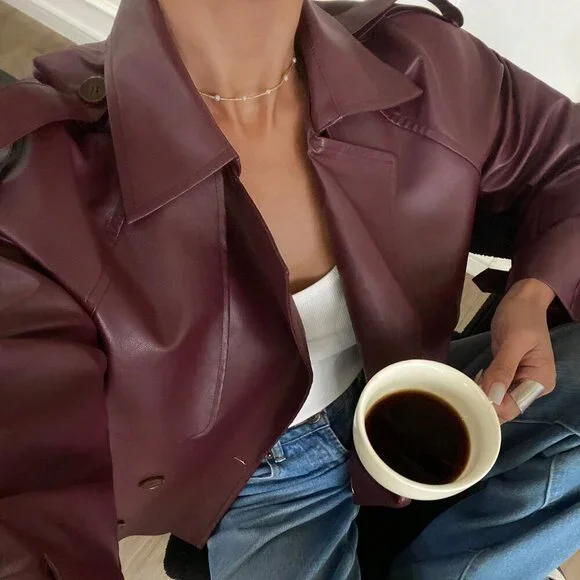 Burgundy Women's Double-Breasted Faux Leather cropped trench jacket coat - Picture 6 of 7